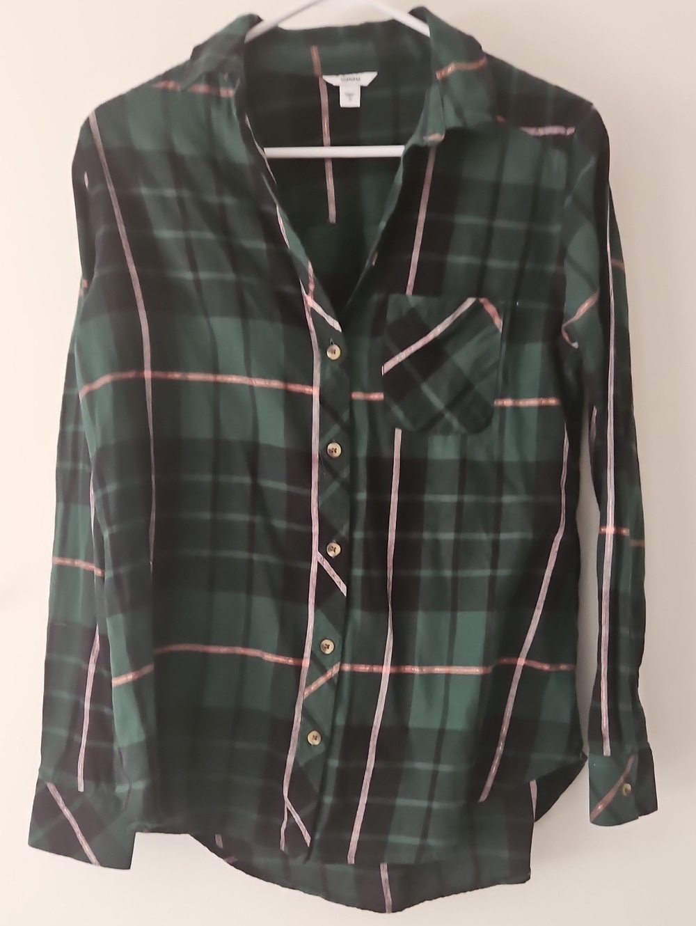 Forest Green Plaid Button-Down Shirt with Pink Trim - Women